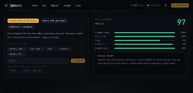 Adding a required field to a collector contract, and watching the health score fall, evidence appear, and the repair prompt write itself